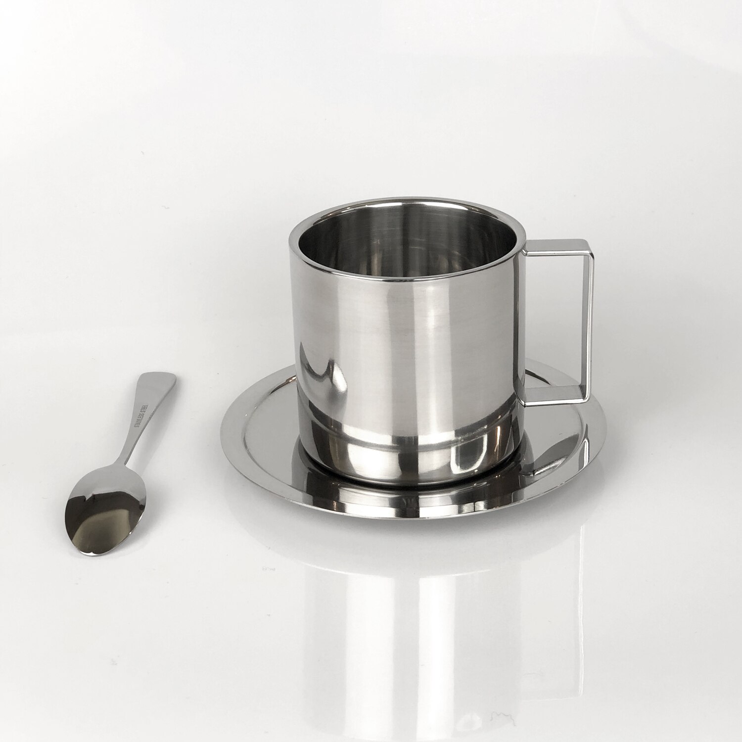 Double Wall Stainless Steel Coffee Cup And Saucers Mug 280ml Portable Cup Set Travel Tumbler Coffee Jug Milk: cup saucer spoon