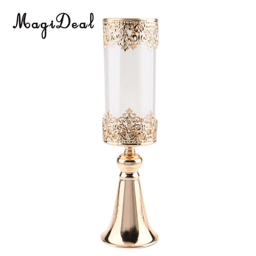 Antik guld metall piedestal ljusstake med glas blomma vas kristall draperad pelare stativ accent display prydnad: S