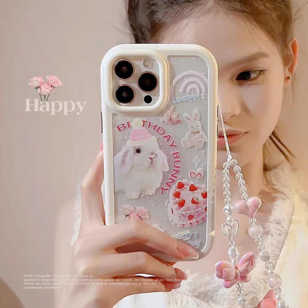 Leuke Hoed Konijn Taart Telefoon Case met Lanyard voor IPhone 16 15 14 12 13 11 Pro Pro Max Plus X XR Schokbestendige telefoon Cover