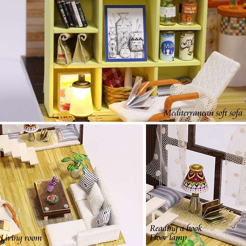 DIY Montieren Mini Puppe Haus Modell Handmade Miniatur Möbel Villa Schlafzimmer Badezimmer Wohnzimmer Studie Zimmer mit Staub Abdeckung