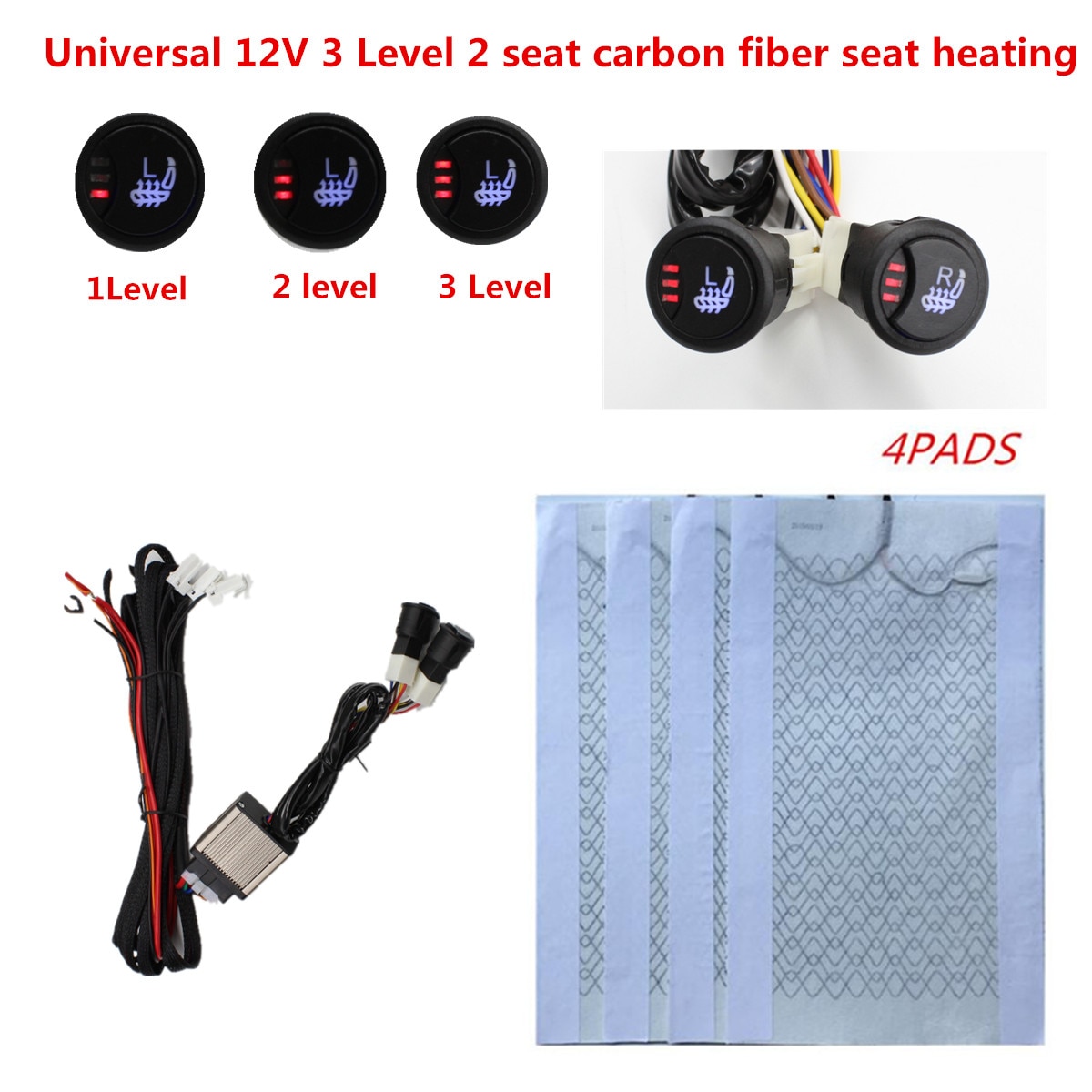 12v kulfiber opvarmet sæde til bil suv heater pads  +3-niveau afbryderknap interiør betrækket varmelegeme varmere support