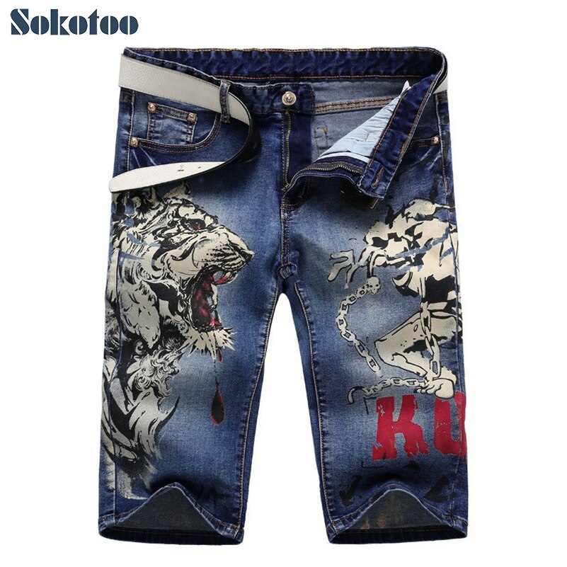 Sokotoo mænds tiger og pige print jeans mandlig knælængde slank lige stretch denim shorts capri