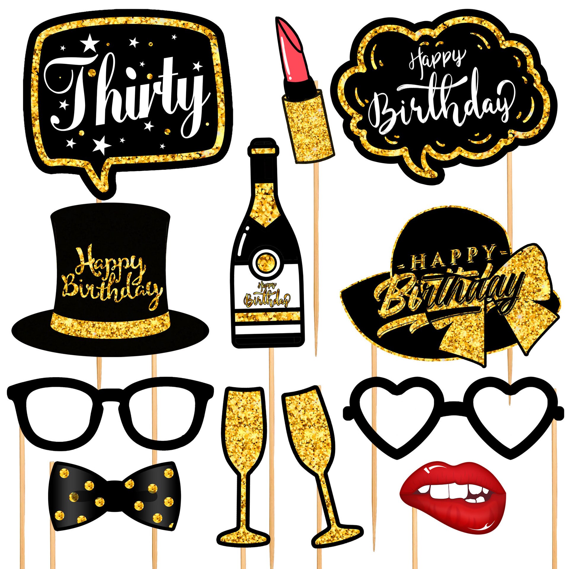 12 Stks/set Zwarte Goud 18 30 40 50 60 Gelukkige Verjaardag Photo Booth Prop Volwassen Verjaardagsfeestje Decoratie Man Vrouw diy Photobooth: 30th