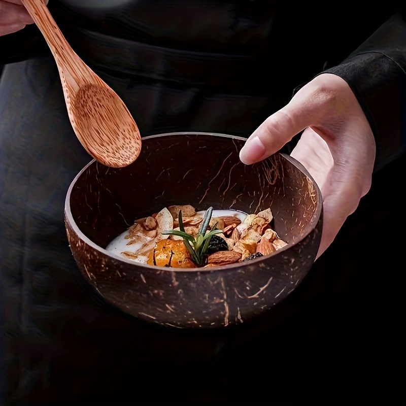 1/2/4 juegos de cuencos de cáscara de coco con cucharas, contenedor de postre de arroz, fruta, yogur, ensalada, vajilla de madera para el hogar y la cocina