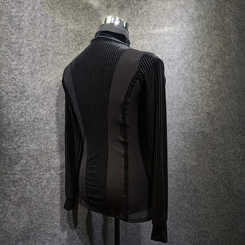 Camisas de baile latino para hombre, de terciopelo negro, mangas largas, ropa de rendimiento para competición, Rumba Cha Samba Tango, ropa masculina DN4826
