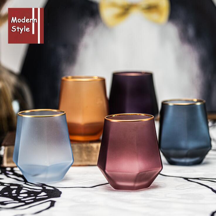 Taza de agua con forma de diamante transparente, taza de cristal con borde dorado, para beber en el hogar, polígono, mate, para leche, vino, estilo Elagant