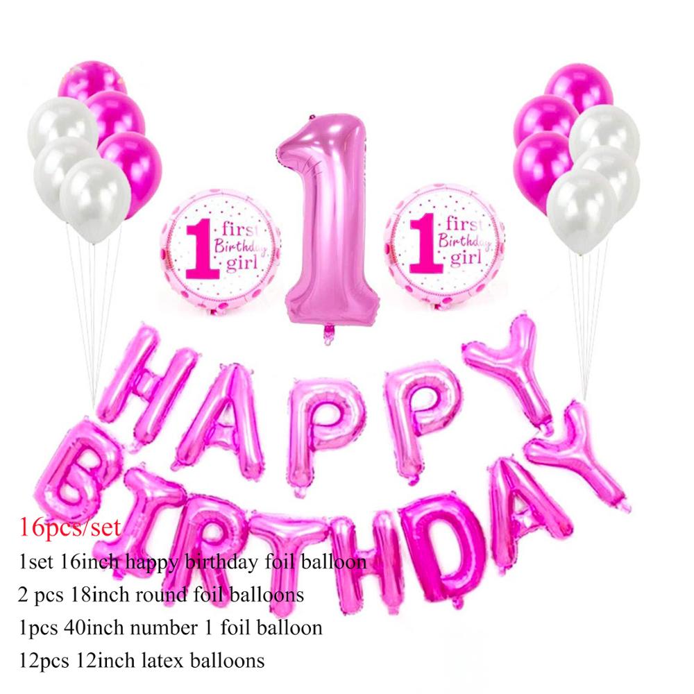 Rose Gold 1st Birthday Balloons Latex Confetti Balloons Number 1 Foil Ballons Baby Boy Girl First One Birthday Party Decorations: 16pcs pink set