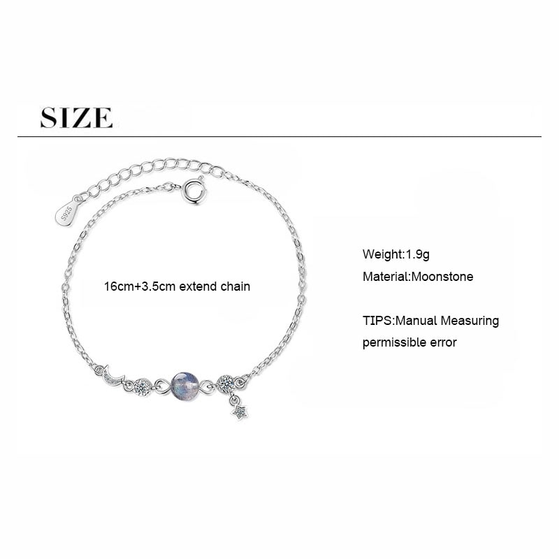 925 Sterling Zilveren Prachtige Moon Star Planet Hanger Armband Gradiënt Mooonstone Link Chain Armband Voor Vrouwen S-B270