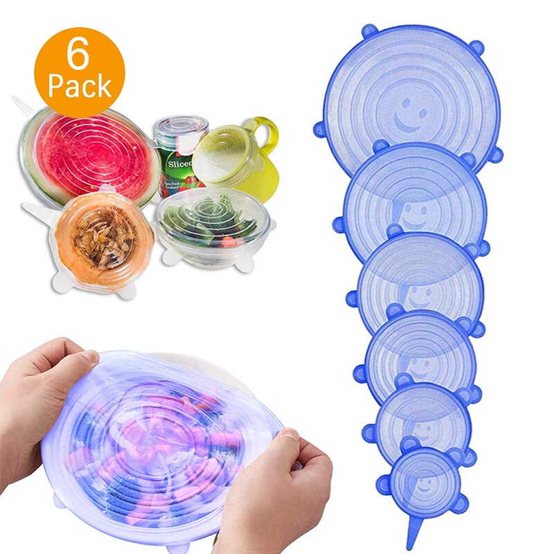 Tapas elásticas de silicona de cobertura completa, cubiertas herméticas para envolver alimentos, utensilios de cocina elásticos con sello fresco, 6 uds.