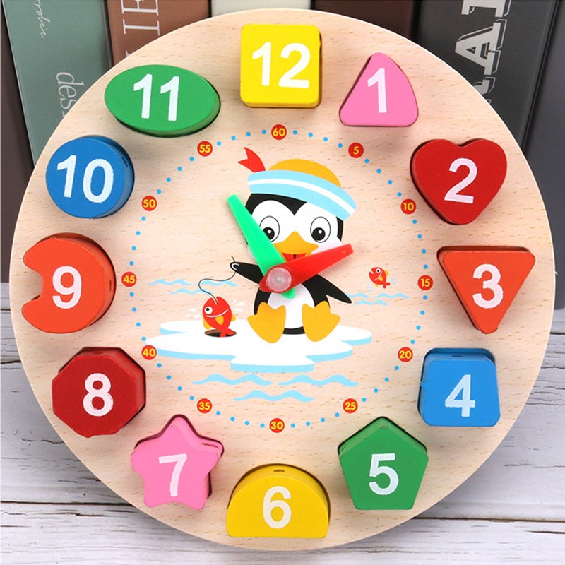 1Pcs Penguin Patroon Speelgoed Klok Leuke Cartoon Voorschoolse Baby Vroege Onderwijs Wiskunde Speelgoed Houten Kids Klok Speelgoed