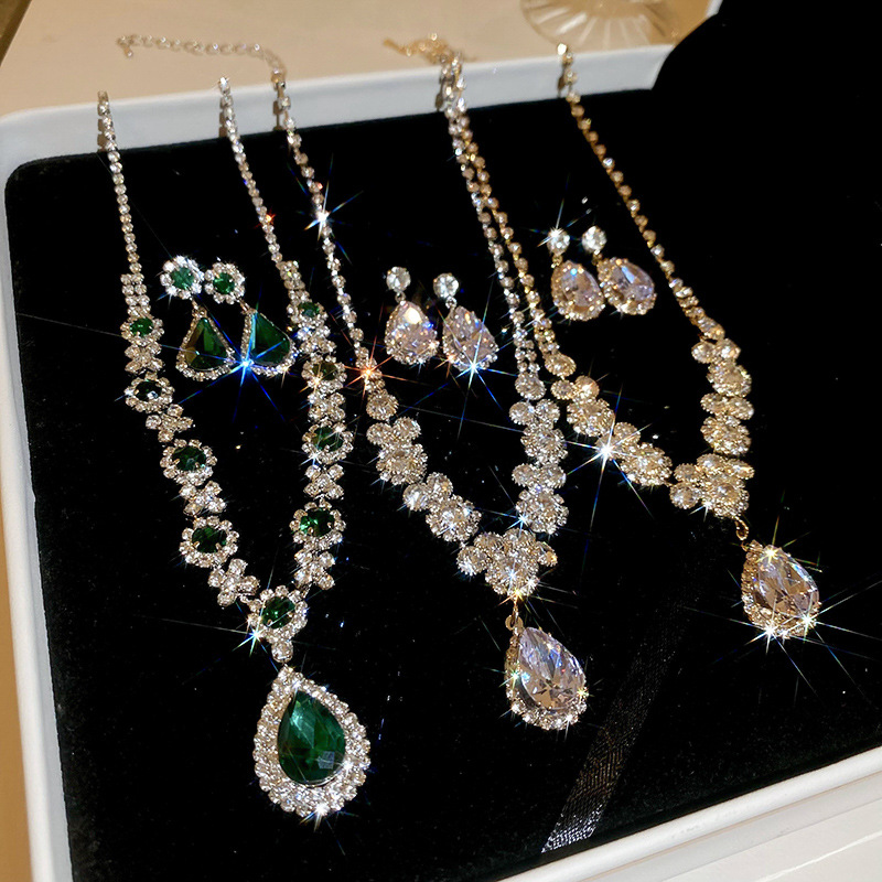 Shiny Crystal Necklace Earrings Women's Big Water Droplet Rhinestone Necklaces Wedding Evening Dress Jewelry Set