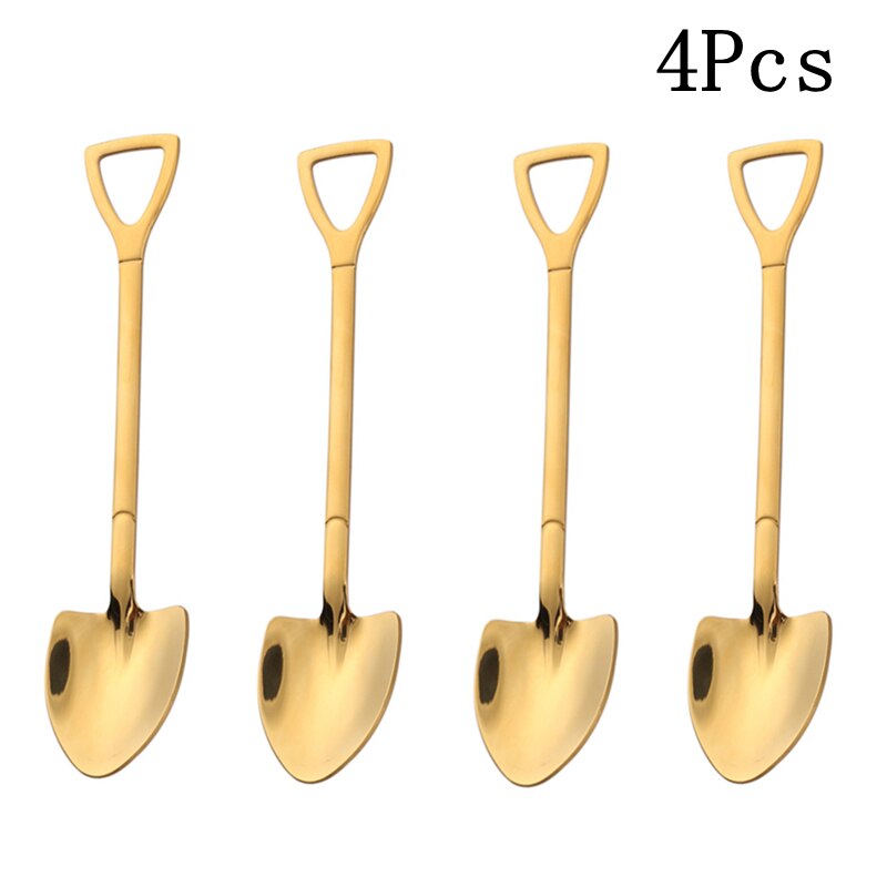2/4PCS Coffee Spoon Cutlery Set Stainless Steel Retro Iron Shovel Ice Cream Spoon Scoop Spoon tea-spoon Tableware: 4Pcs Gold A