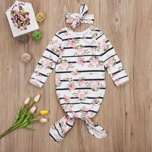 Newborn Infant Baby Girls Robes Long Sleeve Clothes 2Pcs Floral Striped Headband Outfit Autumn 0-12M