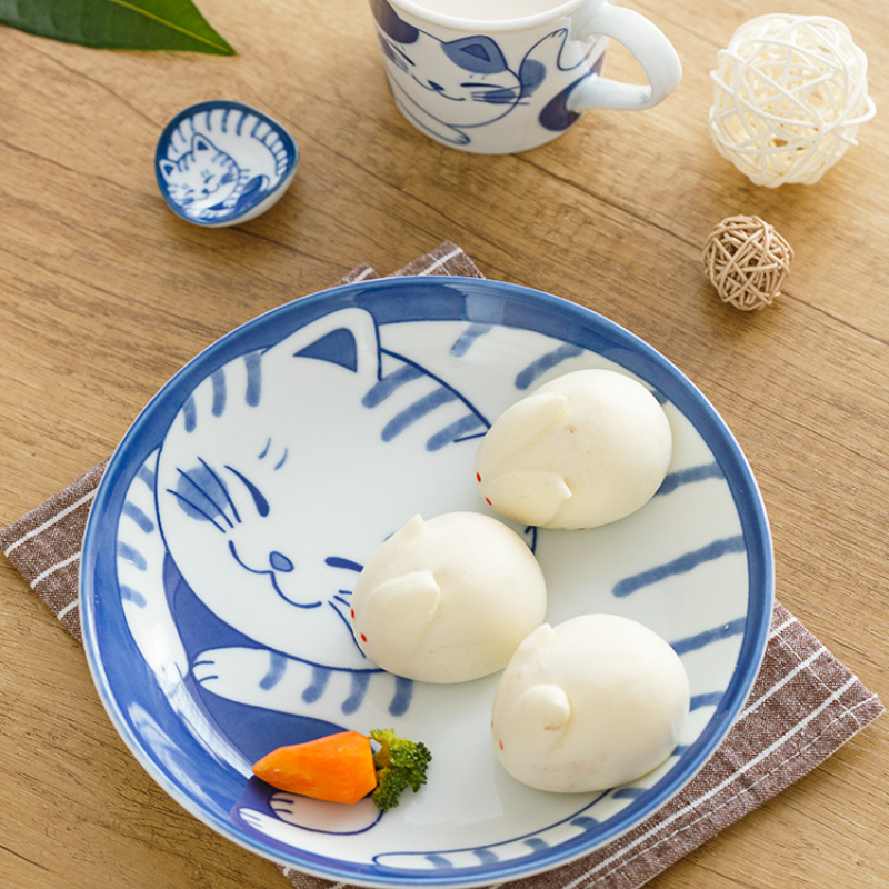 Cute Cat Ceramic Tableware Underglaze Ceramic Noodle Bowl Japanese Blue and White Plate Dessert Plate Bowls and Plates