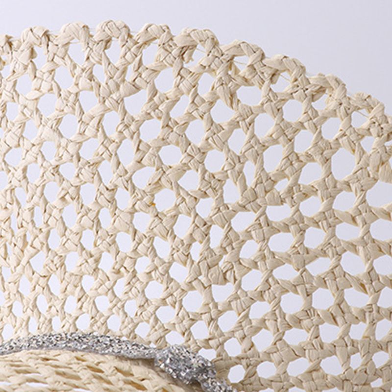 Dam sommar ihåligt mesh nät solhatt vävd halm stor bred brättad solkräm glitter strass kedja bälte panama strandmössa