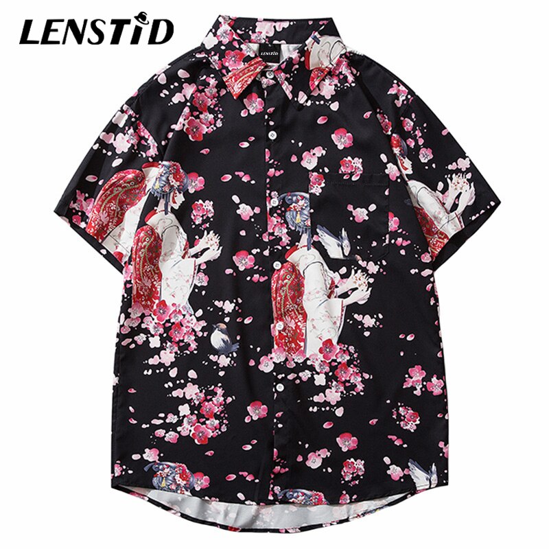 LENSTID Men Hip Hop Cartoon Floral Geisha Printed Hawaiian Shirt Harajuku Streetwear Beach Shirt Summer Short Sleeve Thin Shirts