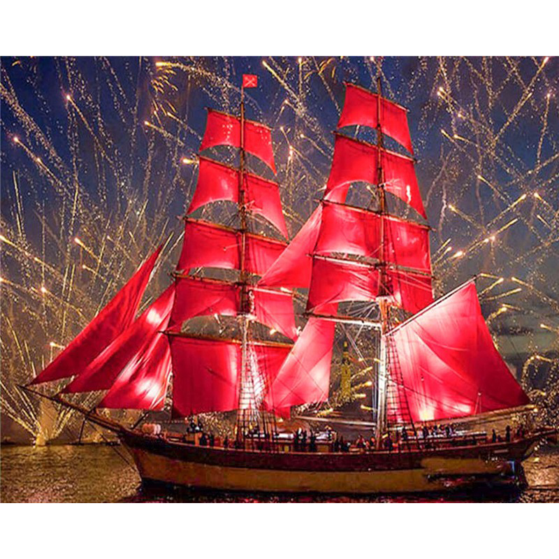 Pintura de diamante 5d artesanal, cubo completo cuadrado, bordado de diamantes, patrón de paisaje de barco rojo, pasatiempos y mosaico de diamantes de Navidad