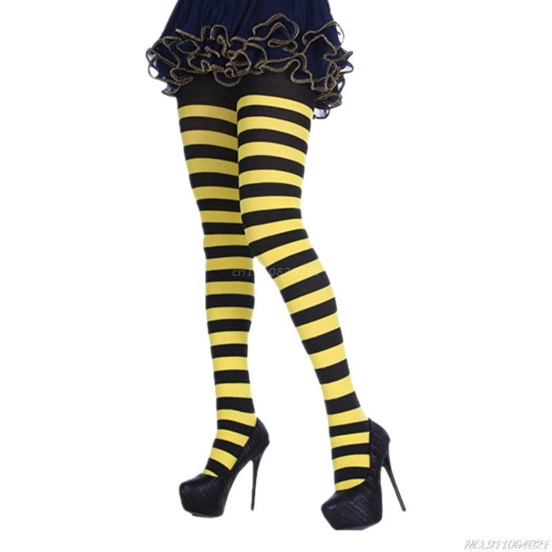 Women Girls Rainbow Multicolor Striped Tights Opaque Stockings Full Length Slim Pantyhose for Christmas Halloween Cosplay au20: Yellow black