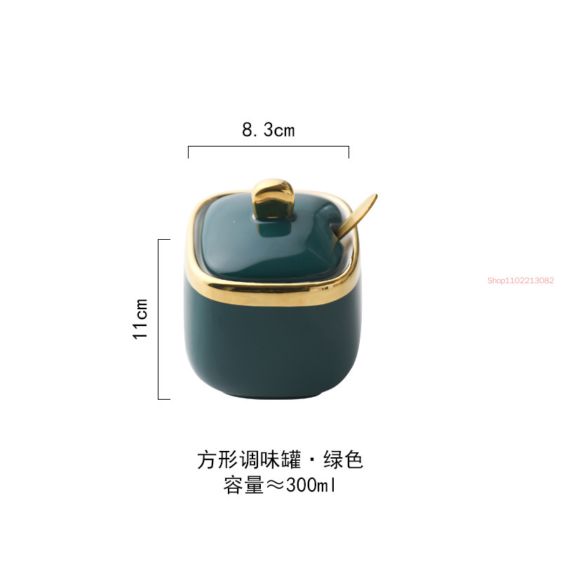 Gold-plated Ceramic Seasoning Jar with Lid Spoon Household Sugar Bowl Chili Box Kitchen Food Container Spice Organizer Rack: light yellow