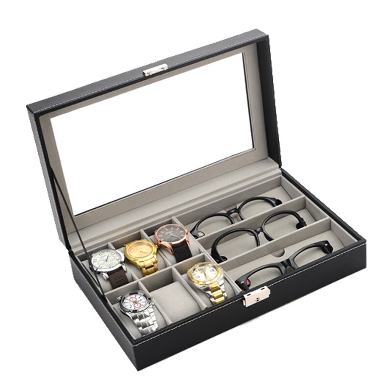 Caja de madera para reloj de lujo con 6 + 3 rejillas, caja para gafas, caja organizadora para joyería, caja de joyería para ver la caja: PU black