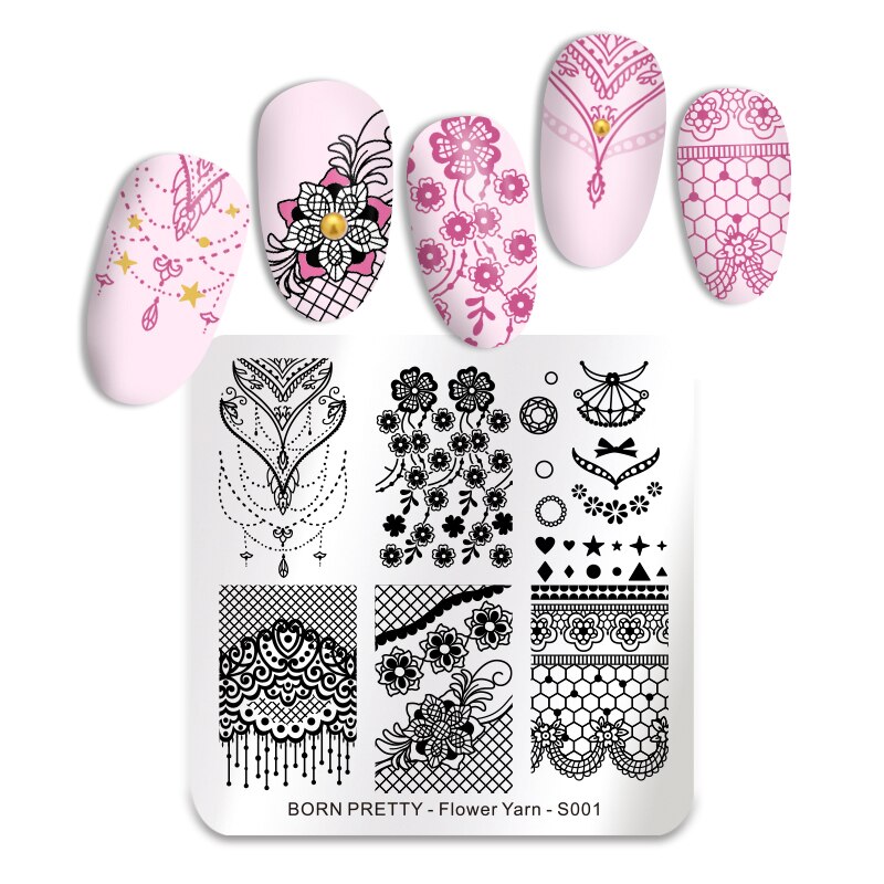 Født smuk nail art stempel skabelon blomst blonder geometri billeder stål nail art stencil blomstertema manicuring: S001