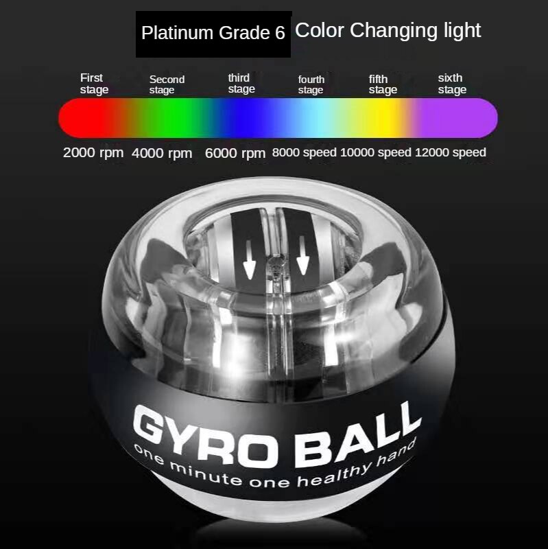 Bola de agarre de arranque automático para muñeca, Bola de agarre de descompresión, ejercicio de tono de vibración, bola centrífuga muscular del brazo, bola giroscópica de descompresión: 6 change color lamp