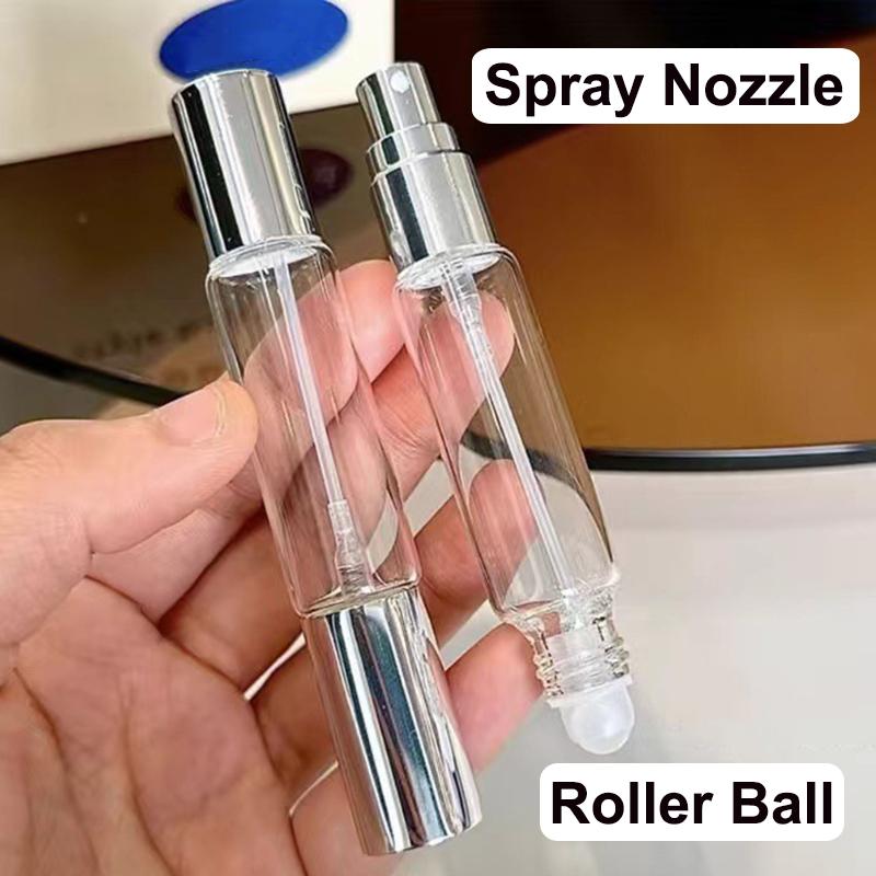 Botella de vidrio de Perfume de doble cabeza de 10ml, pulverizador rodante y de niebla, boquilla de aluminio, botellas de vidrio, atomizador de fragancia vacío recargable