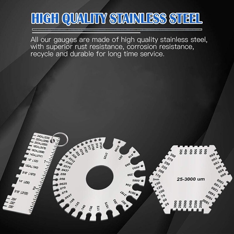 3 Pcs Stainless Steel Welding Gauge Set Wet Film Comb Wire Metal Sheet Thickness Gauge Round Dual-Sided Wire