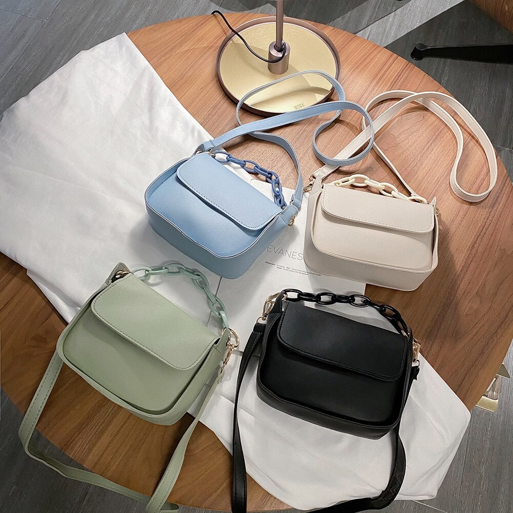 Solid Color Small PU Leather Crossbody Bags For Women Summer Acrylic Chain Lady Travel Shoulder Messenger Handbags