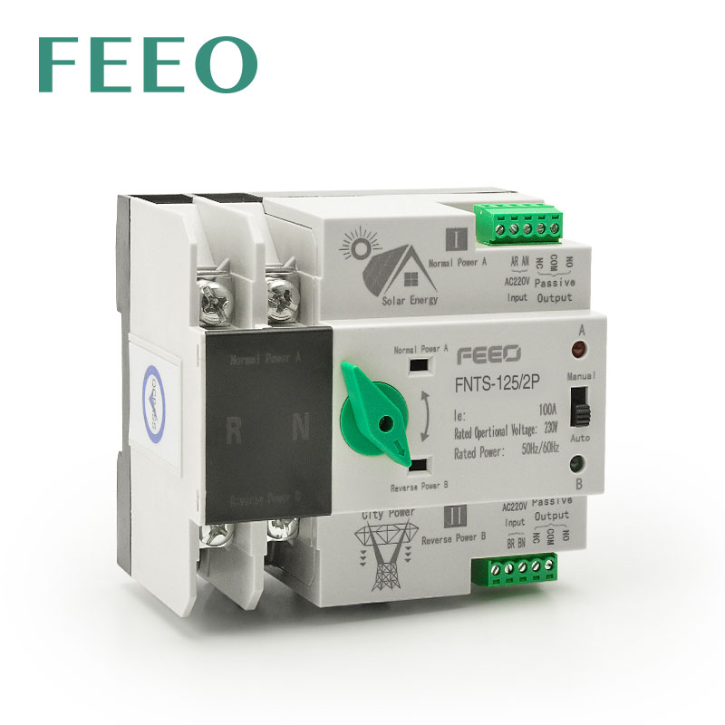 FEEO Din Rail 2P 125A ATS Solar Energy Dual Power Automatic Transfer Switch Electrical Selector Switch Uninterrupted Power Home