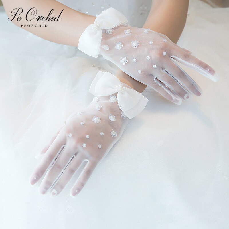 PEORCHID Bridal Gloves Wedding Short Gloves Pearl Sequins Mesh Full finger Women Party Gloves Gant Mariage Femme