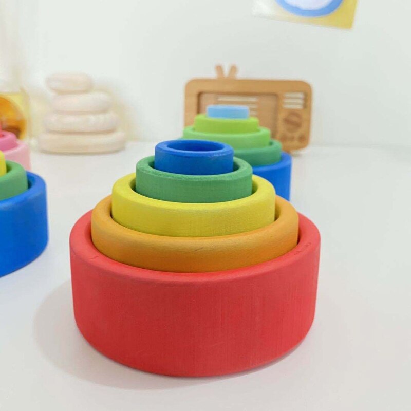 5 pz Del bambino Arcobaleno Di Legno che impila Creativo per Bambini Giocattoli Educativi Regali per Bambini Impilabile Gioco di Apprendimento Blocchi di Costruzione