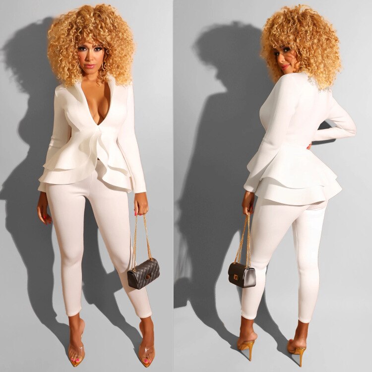 Women Solid Color Pant Suits Spring Fall Long Sleeve Ruffled Slim Blazers Coat+Long Pencil Trousers Office Lady Suits
