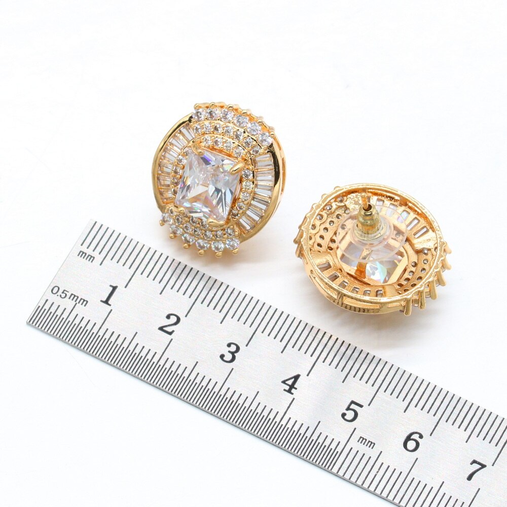 Luxe Wit Zirconia Gouden Kleur Sieraden Sets Voor Vrouwen Bruiloft Armband Stud Oorbellen Ketting Ring Box
