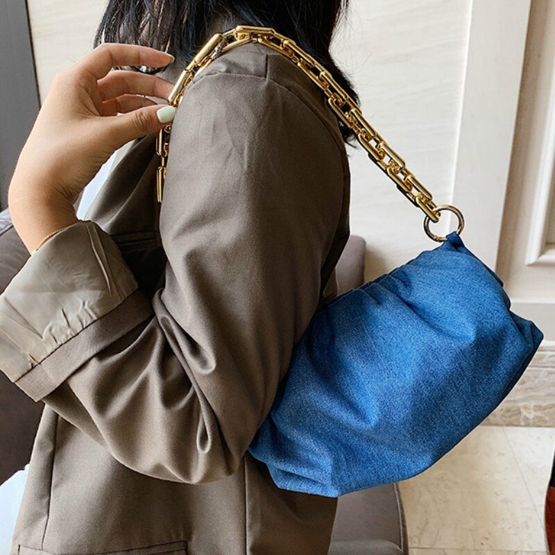 Ruwe ketting dames handtassen cowboy blauwe bao denim vrouwelijke cloud crossbody tassen vouwbare dames schoudertassen