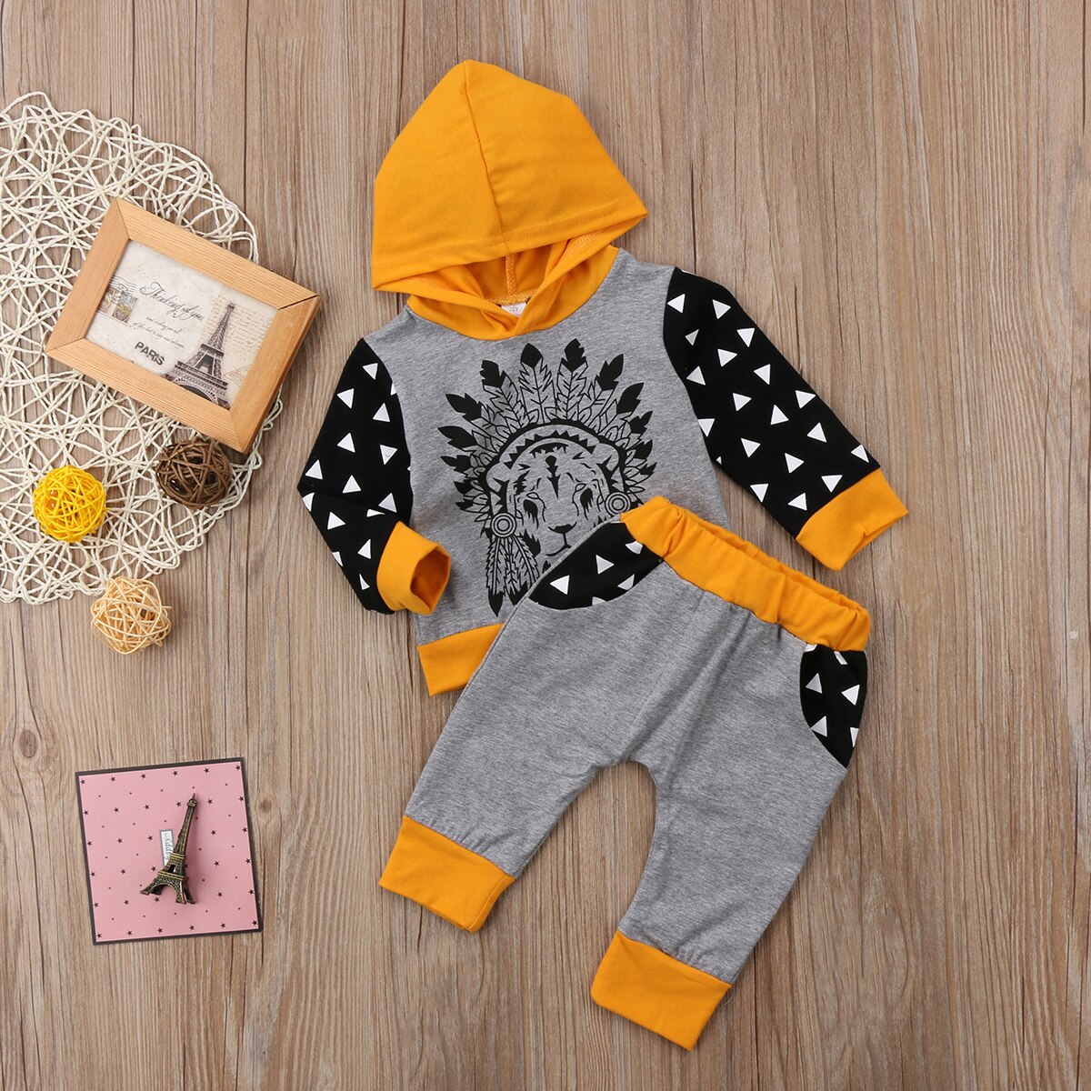0-24M Newborn Baby Clothes Set Indian Patterns Cute Kids Boys Girls Clothes Hooded Tops Long Pants Outfit Set