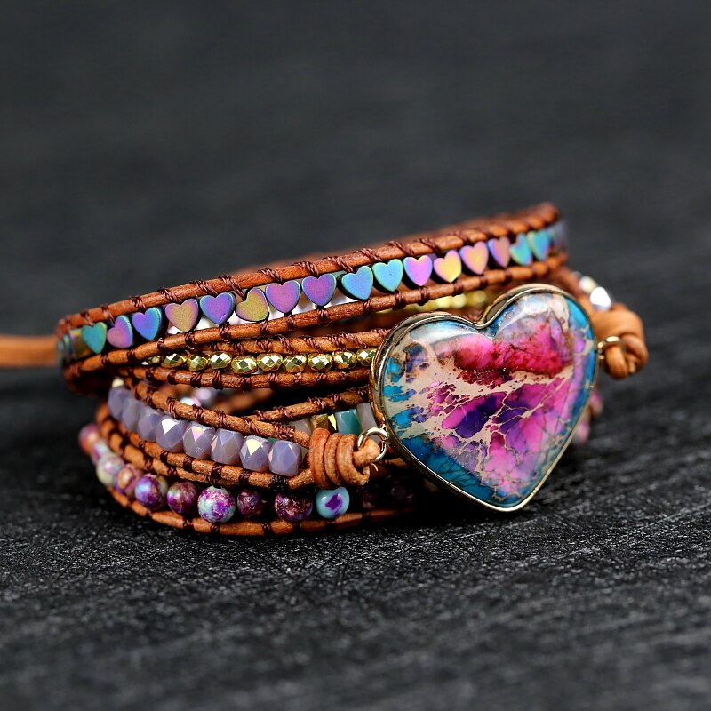 Aankomen Natuursteen Hart Charm Wrap Armbanden Handgemaakte Boho Stijl Sieraden