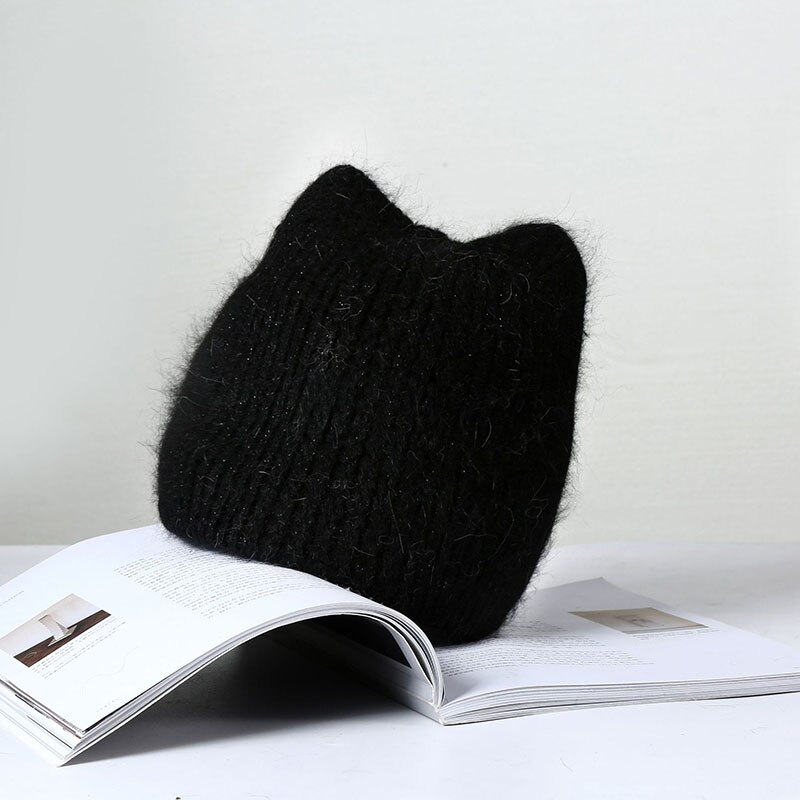 Bonnet en fourrure de lapin pour femmes, couleur unie, oreilles de chat, doux, à la , pour l&#39;extérieur, garde au , hiver: Black