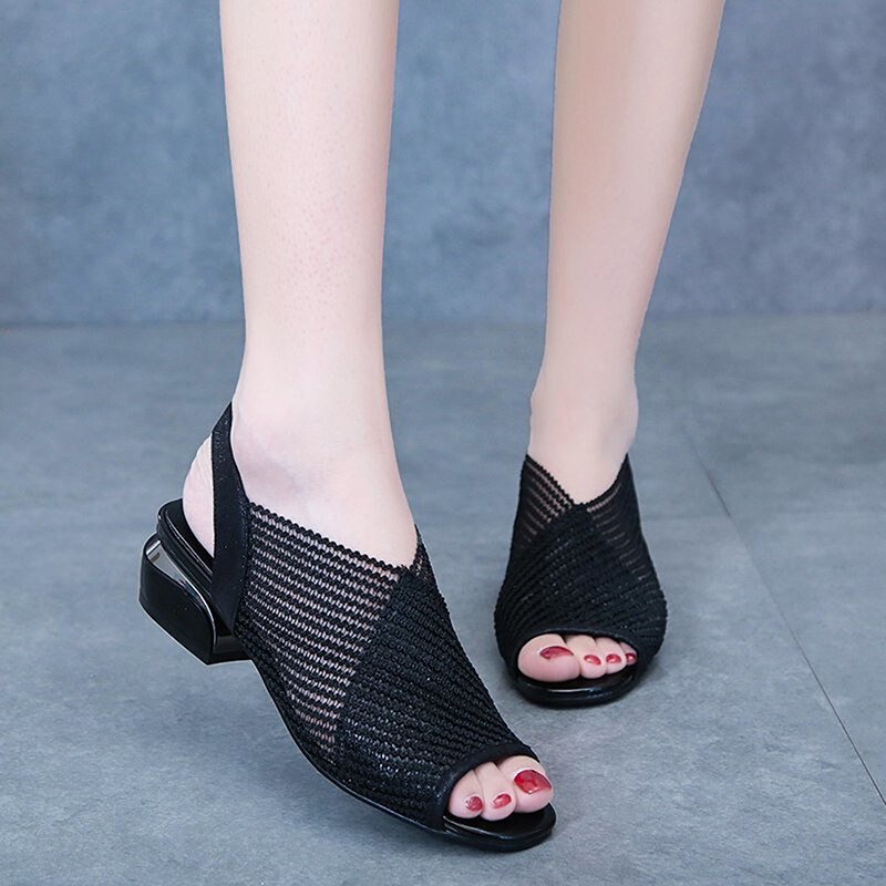 Women Sandals Spring Square Heel Slingback Sandals Slippers Mules Shoes Woman Mesh Open Toe Female Slip On Shoes