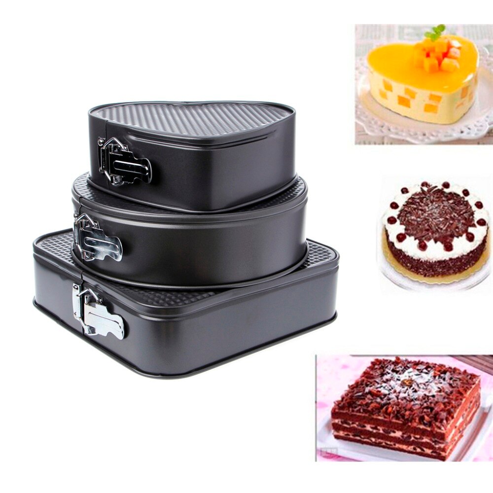 3 stk rustfritt stål hjerte / rund / firkantet springform kakebakeform ikke-pinne bakeware form matlagingsverktøy bunn spenner