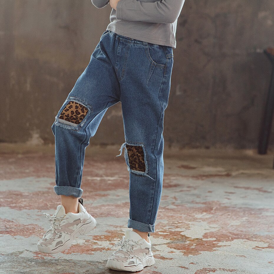 Jeans til piger leopard piger jeans bukser med hul efterår jeans børn casual stil tøj til piger 6 8 10 12 14