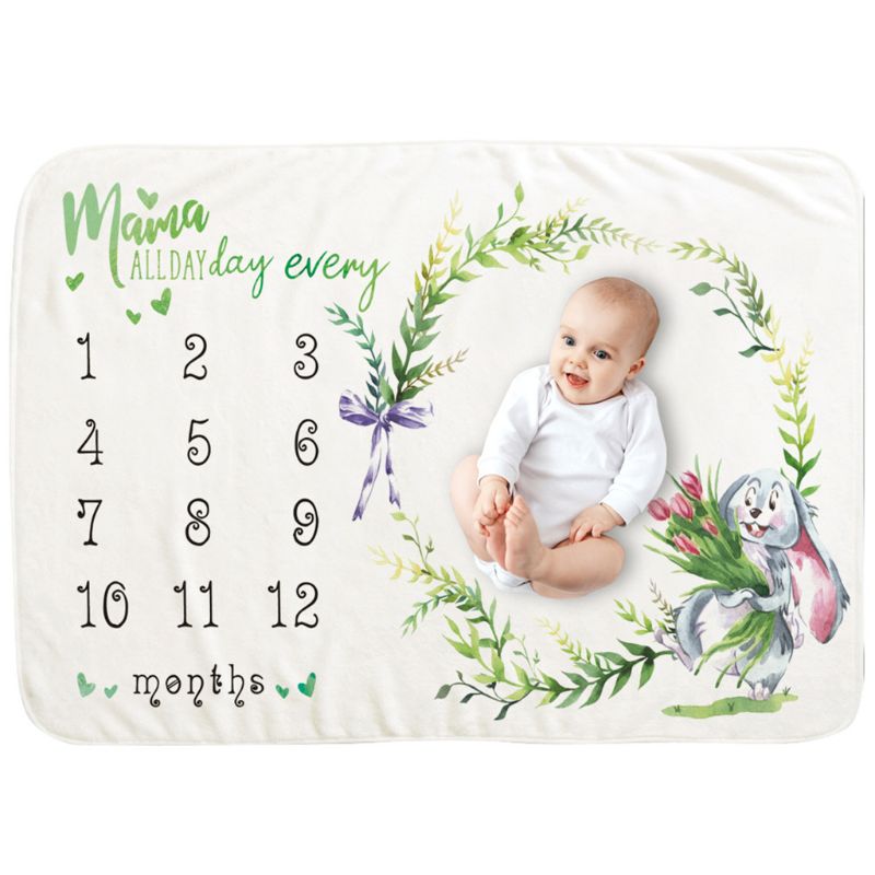 KLV 1PC Infant Baby Photo Flannel Blanket Monthly Record Growth Milestone Photography Prop Wreath Printed Newborn Boys Girls