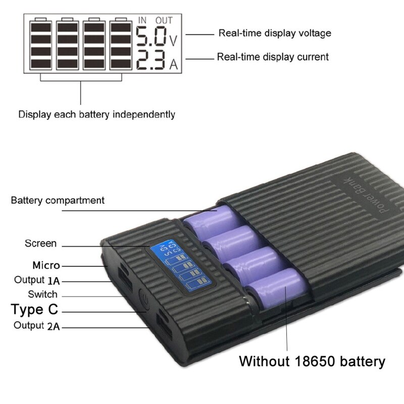 Anti-Reverse 18650 Battery DIY Power Bank Box LCD Display Dual USB Charger Light