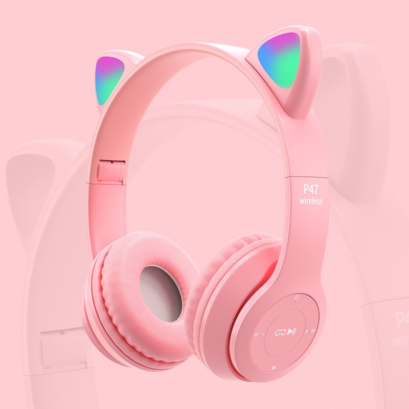Leuke Kat Oren Bluetooth Draadloze Hoofdtelefoon Met Microfoon Kan Controle Led Kid Meisje Stereo Muziek Helm Telefoon Headset: Pink