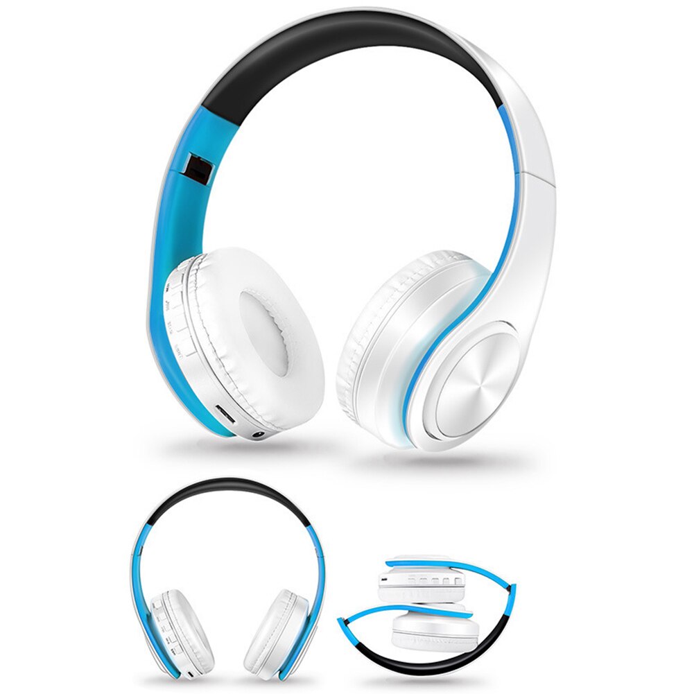 Bluetooth 4.0 Foldable Stereo Wireless Headphones Heavy Bass Headsets with Mic EDR Bluetooth Sports Earphone For Phone PC: White Blue