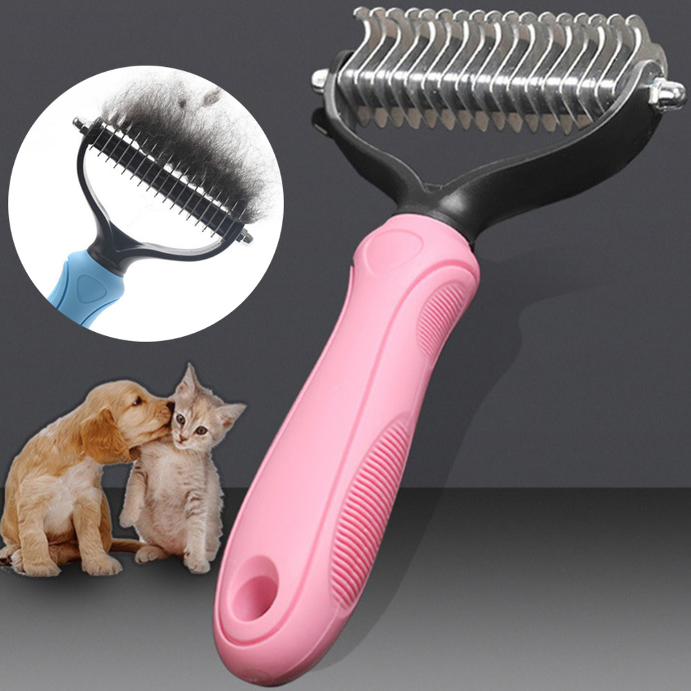 Cepillo cortador de pelo de doble cara para mascotas, herramienta de aseo para gatos y perros, peine de rastrillo de hoja de Metal para depilación de cachorros y gatitos