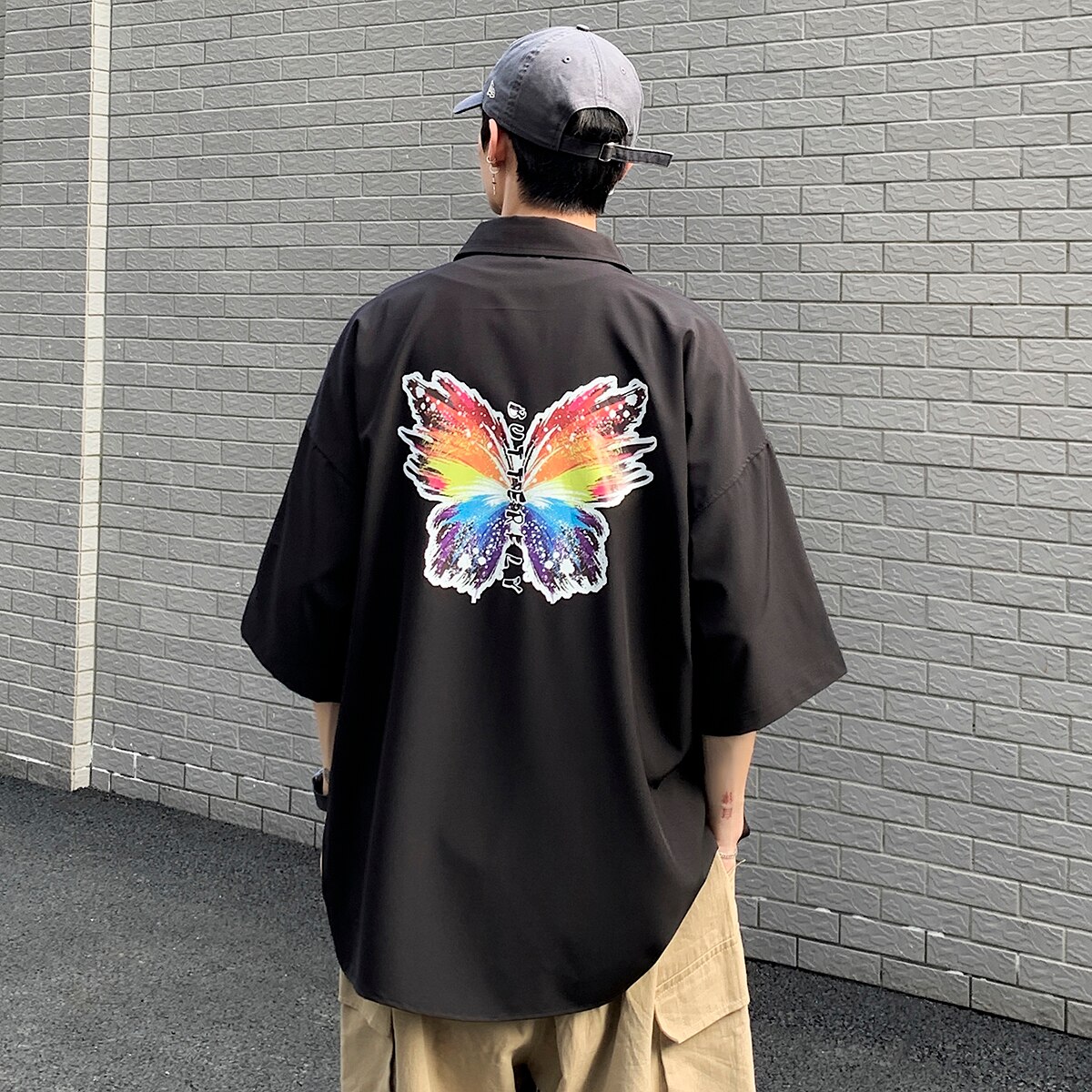 Lappster herre sommerfugle print hawaiiansk skjorter sommer herre harajuku koreansk hvid skjorte kortærmet mænd afslappet bluse ins: Sort / M