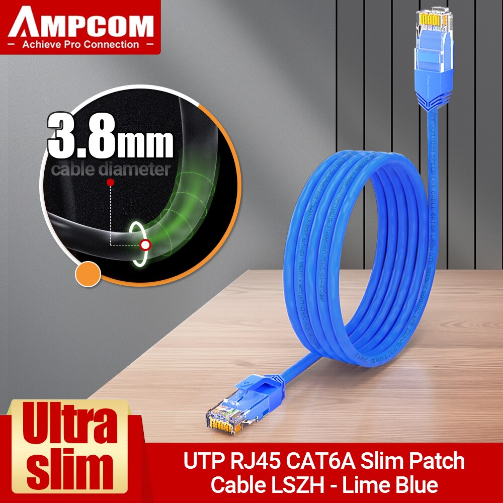 AMPCOM Ultra Slim Cat6a Network Cable, 3.8mm LSZH UTP RJ45 LAN Internet Network High Speed Cables Wire for Router Modem PC: SKY BLUE / 15m