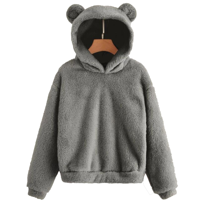 Hiver coréenne oreilles d'ours mignon sweat à capuche ample moelleux à capuche sweat à manches longues haut solide pull vêtements pour les femmes: XXL / Gris foncé