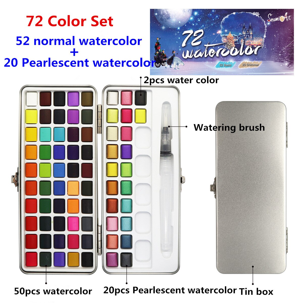 Seamiart Aquarel Set Basic Neone Glitter Aquarel Verf Voor Tekenen Art Verf Levert Aquarel: 72 Color Set